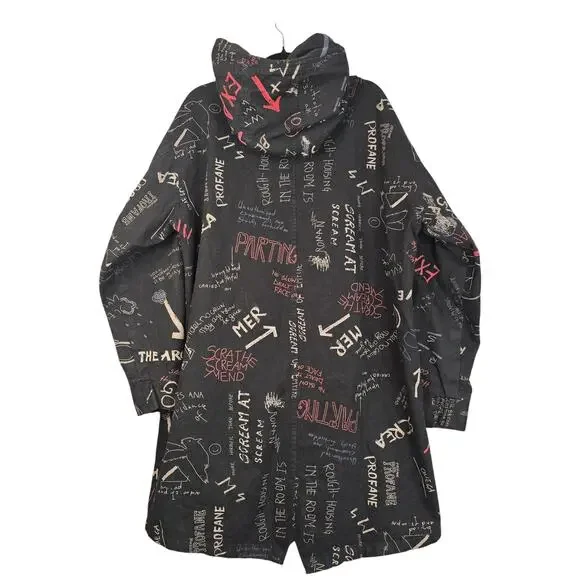 America Jacket Mens Large Black Hooded Parka Full Zip All Over Print Graphic